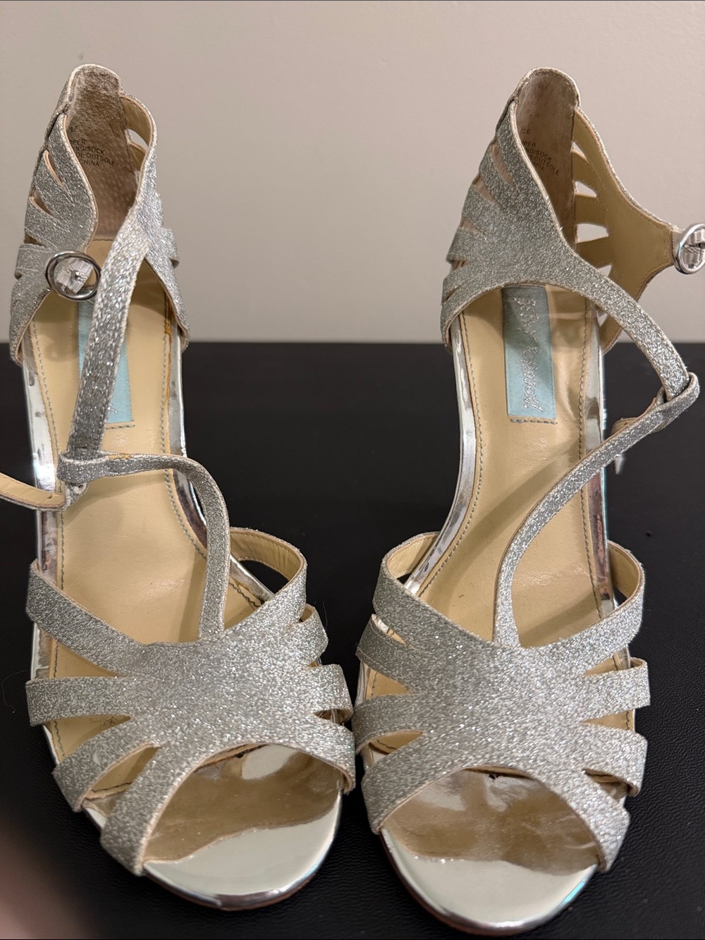 Betsey Johnson Silver Glitter Strappy Heels